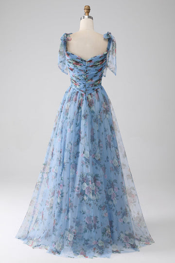 A-Line Blue Printed Adjustable Straps Long Ball Dress
